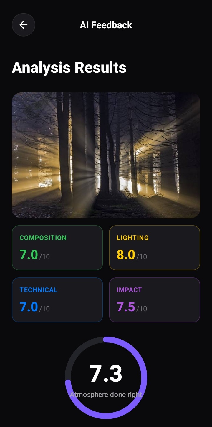 ShotLearn AI — AI Analysis Results screen with overall score and composition, lighting, technical and impact breakdown