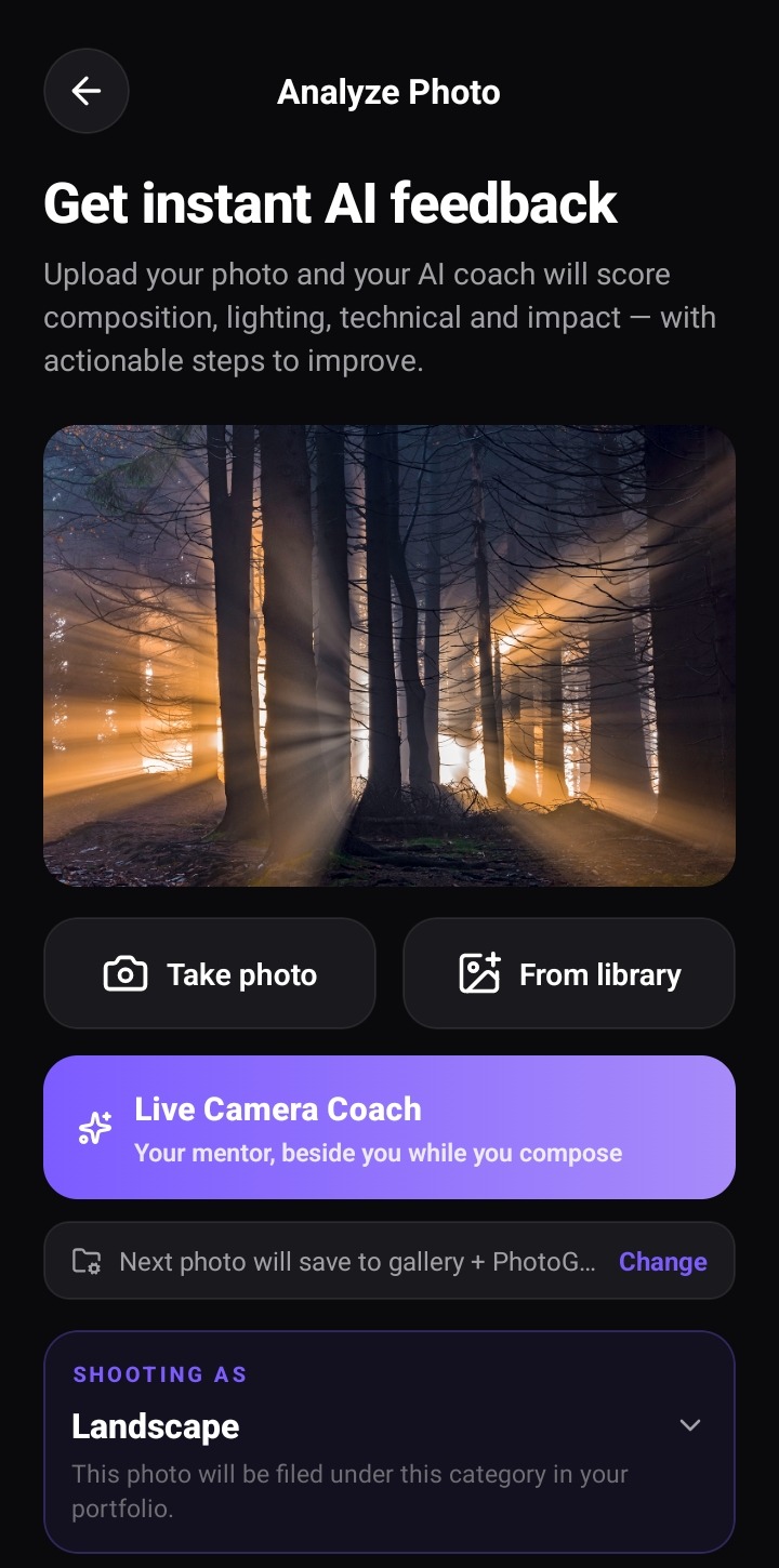 ShotLearn AI — Analyze Photo screen